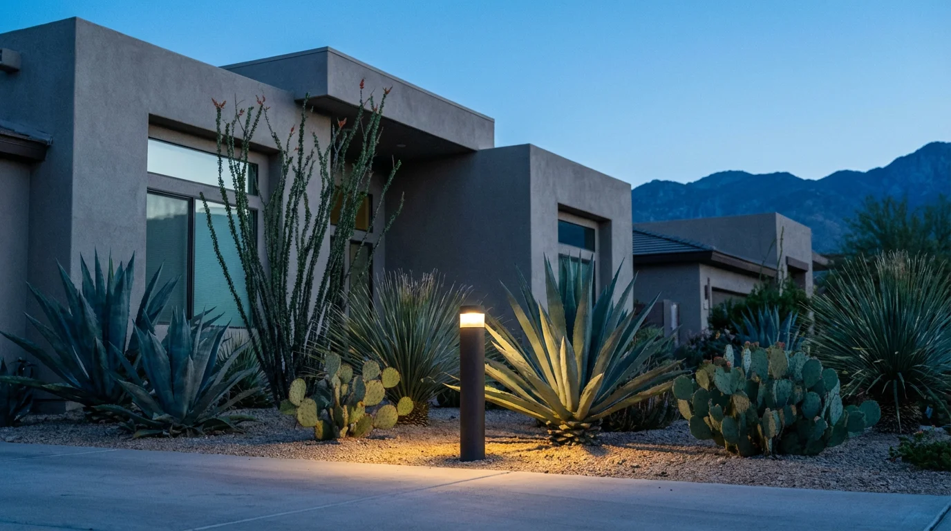 A modern xeriscaped desert garden with an illuminated pathway light during blue hour.
