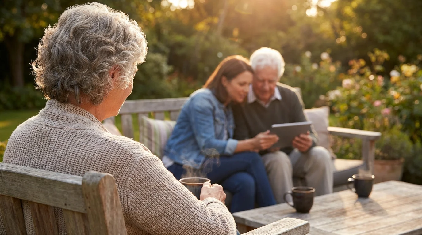 A multi-generational family discusses retirement plans on a patio during a warm golden hour.