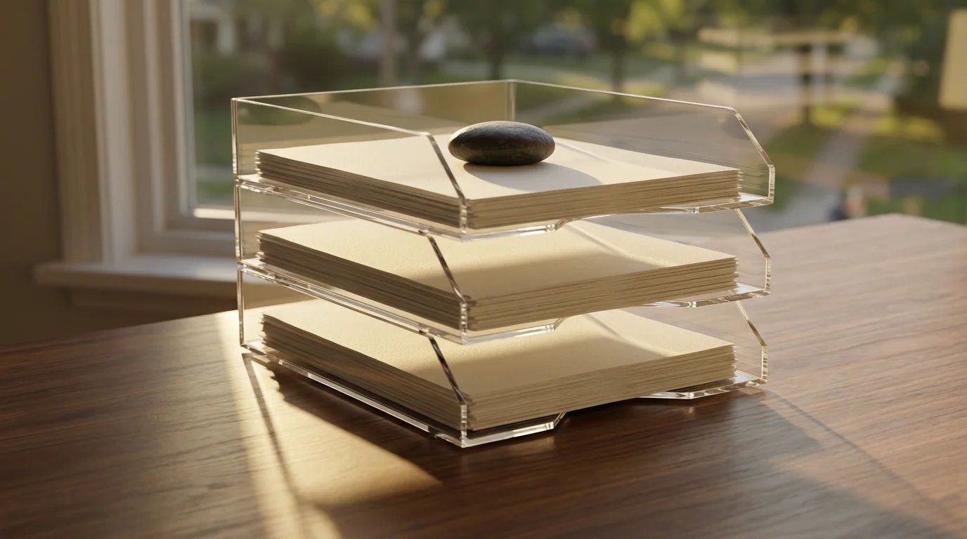 A multi-tiered document tray on a desk, with a single stone symbolizing tax exemptions.