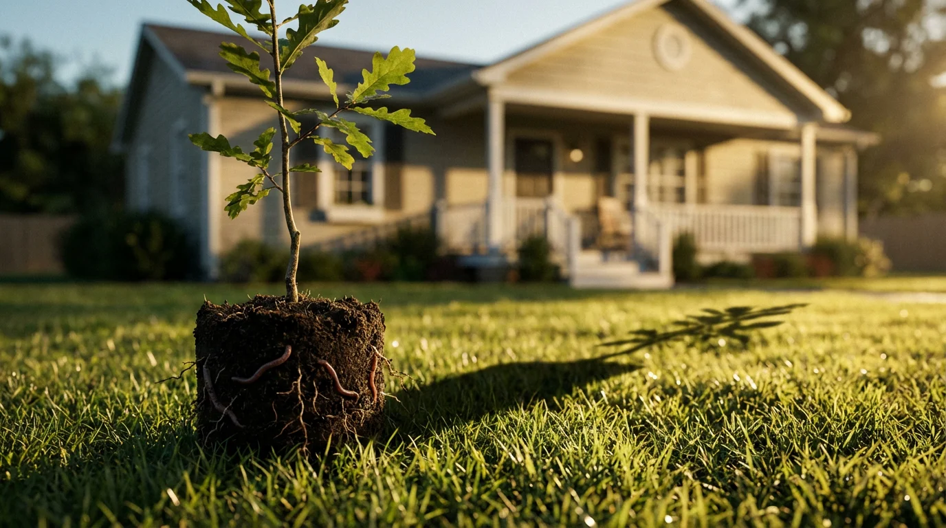 A newly planted tree in a home's front yard symbolizing investment and stability.