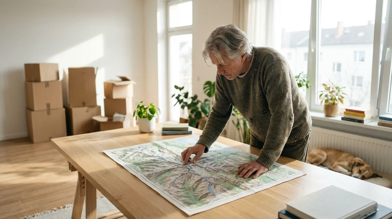 A person at a table with a large map and moving boxes, planning relocation.