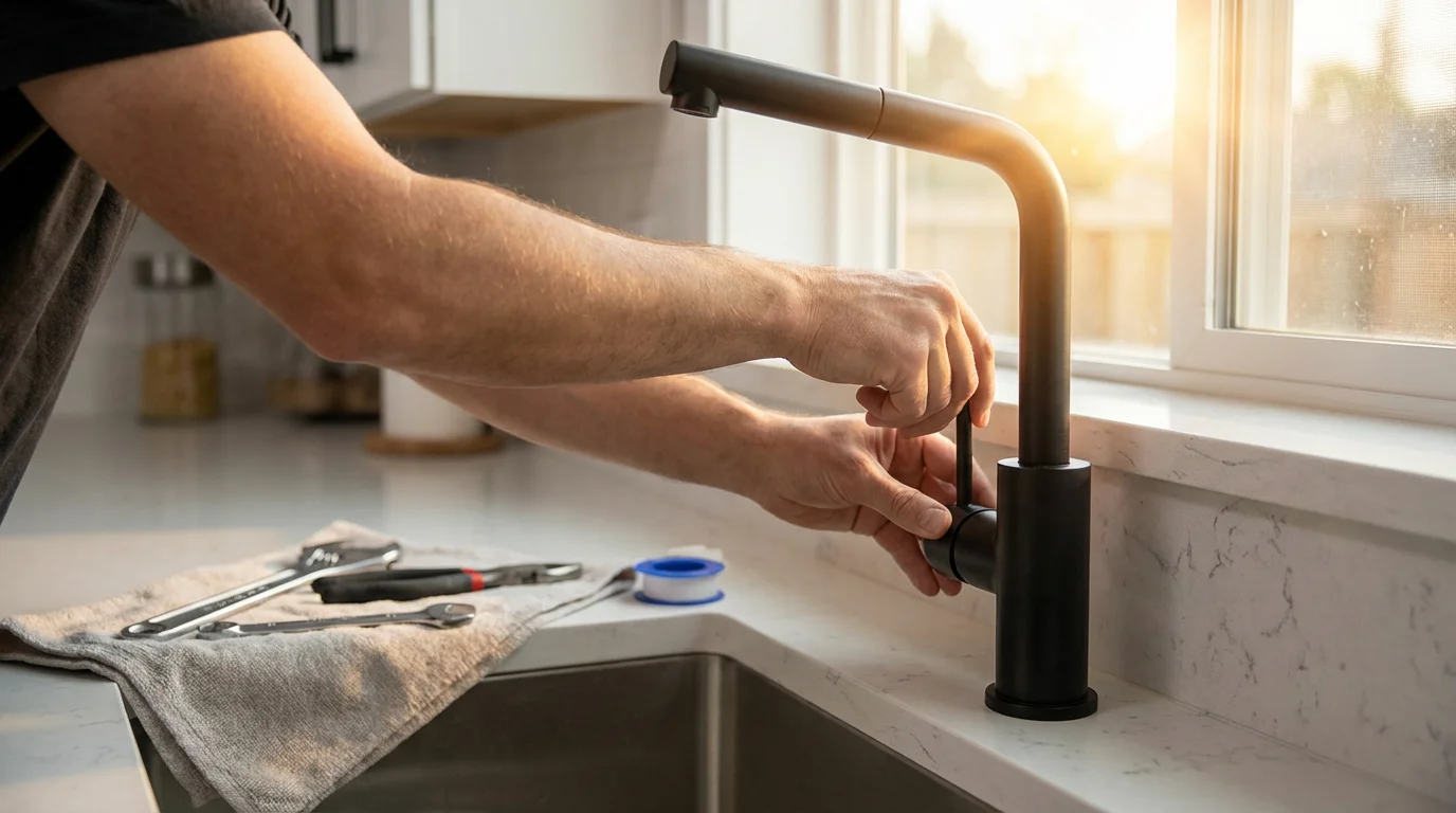 A person installing a modern matte black kitchen faucet during golden hour.