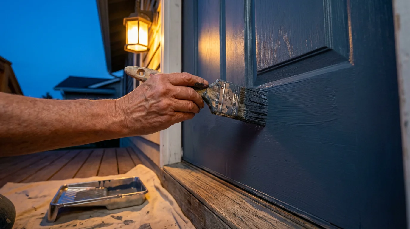 A person painting a front door a welcoming color to boost a home's curb appeal.