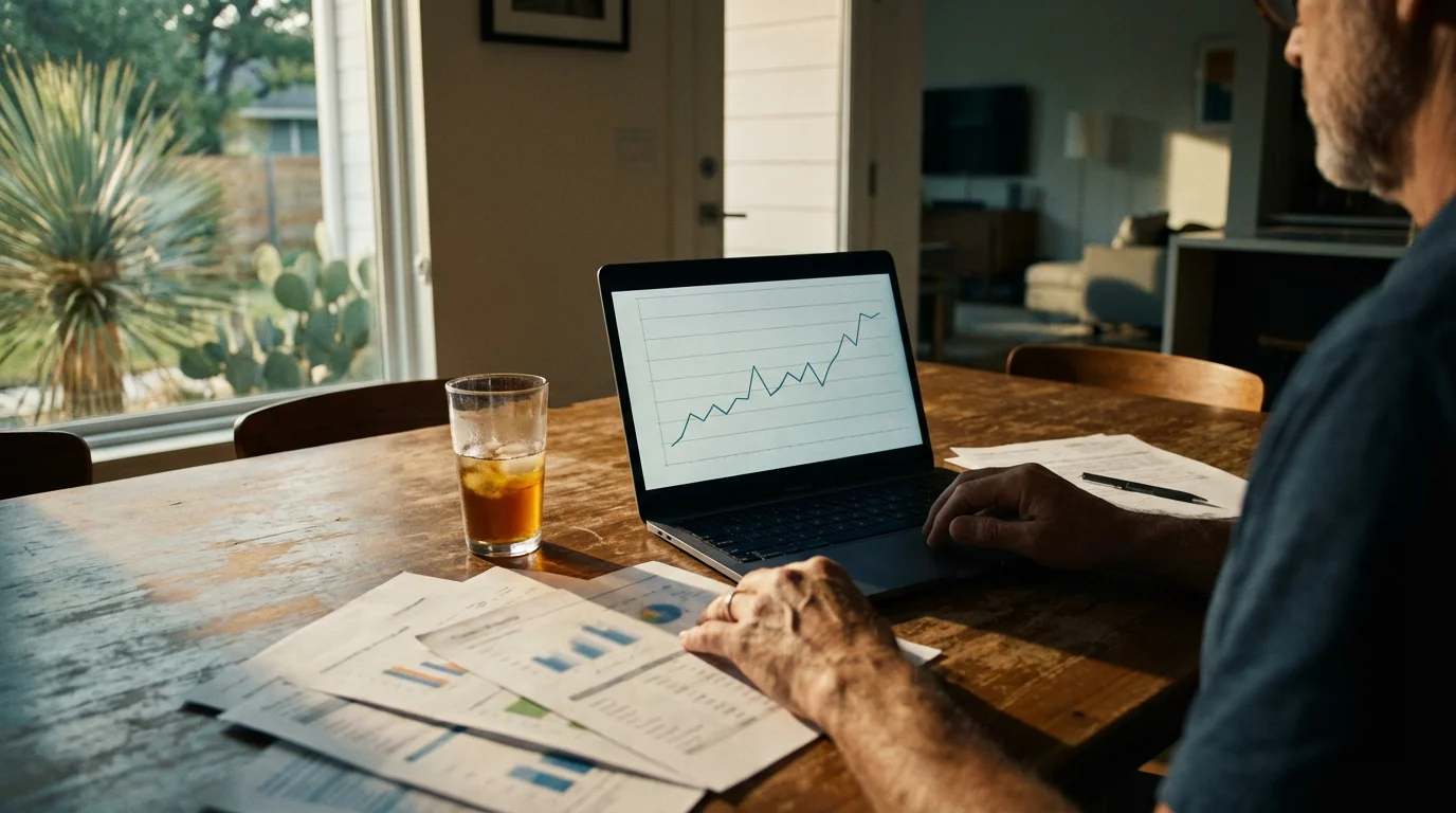 A person seen from over their shoulder reviewing financial papers and a laptop.