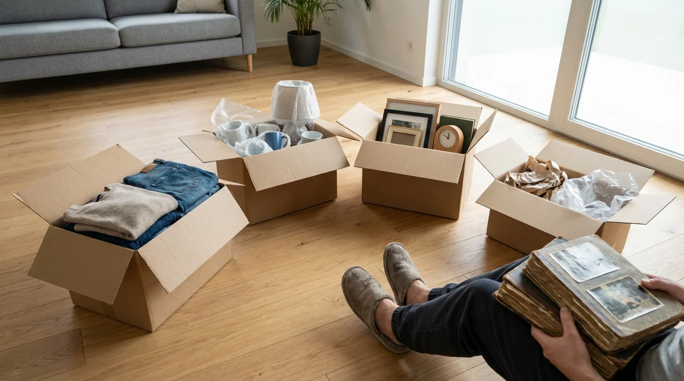 A person sorting items into four cardboard boxes on a living room floor.