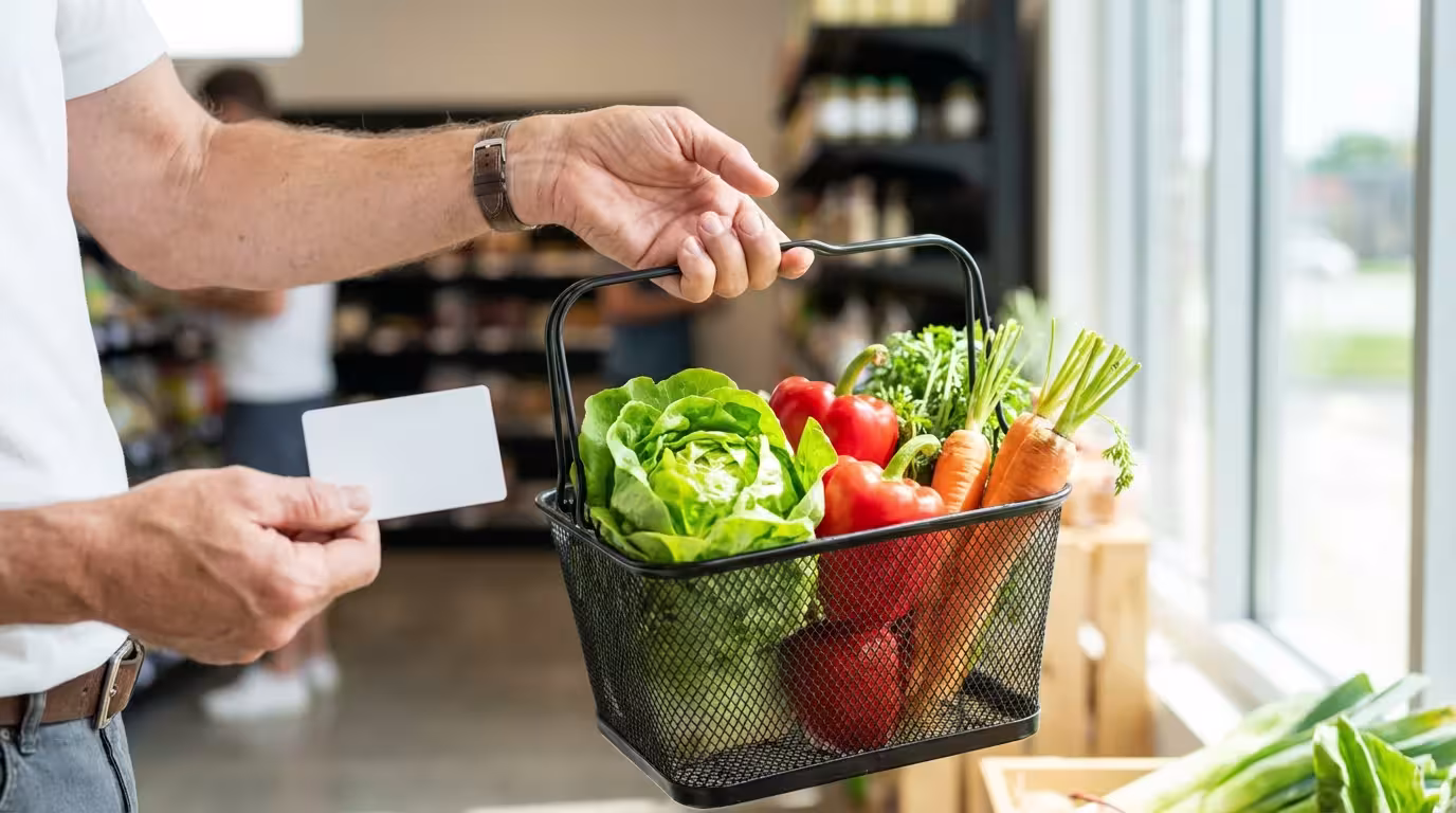 A person's hand holding a shopping basket of fresh produce and a credit card.