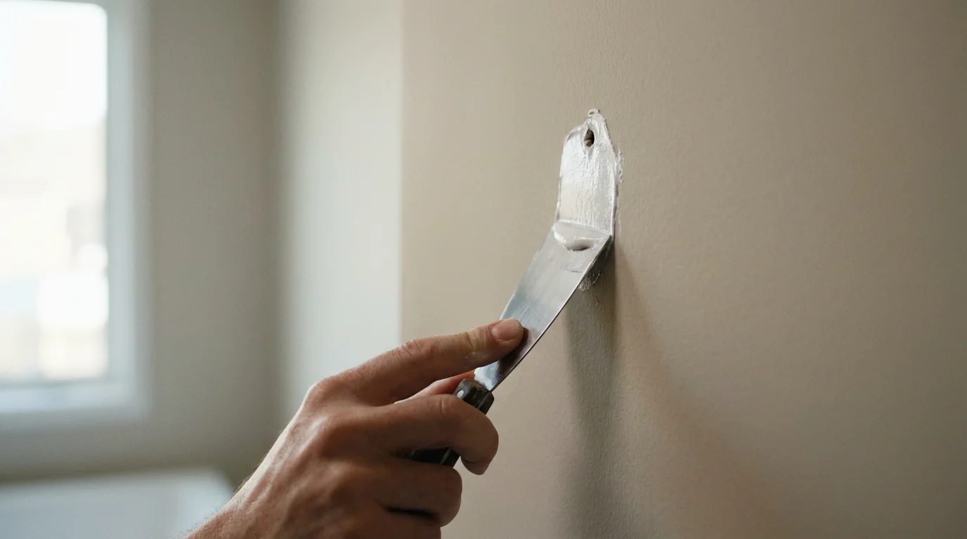 A person's hand using a putty knife to carefully patch a small hole in a wall.