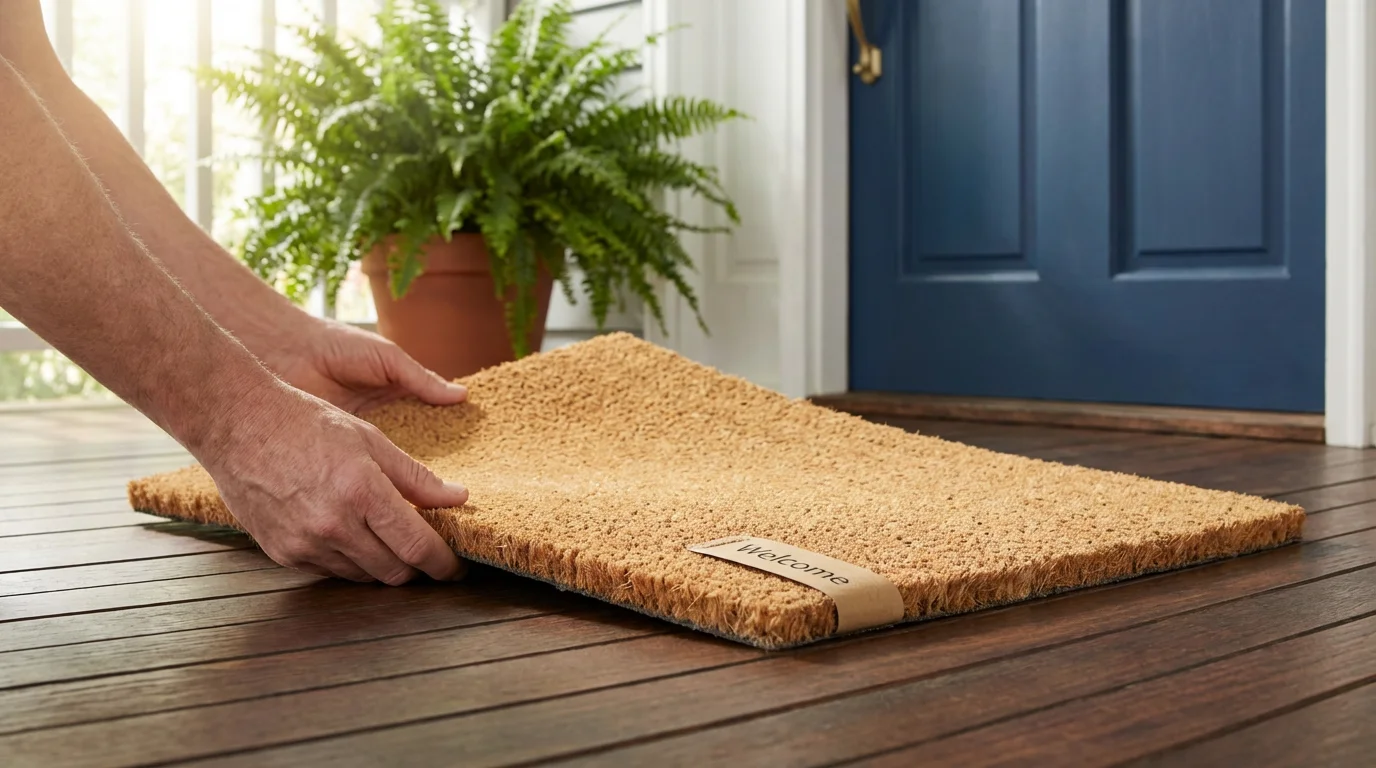 A person's hands placing a new welcome mat on a clean front porch.