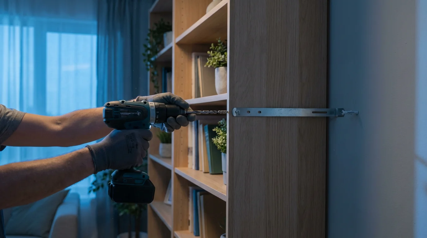 A person's hands using a drill to install a seismic strap on a bookshelf.