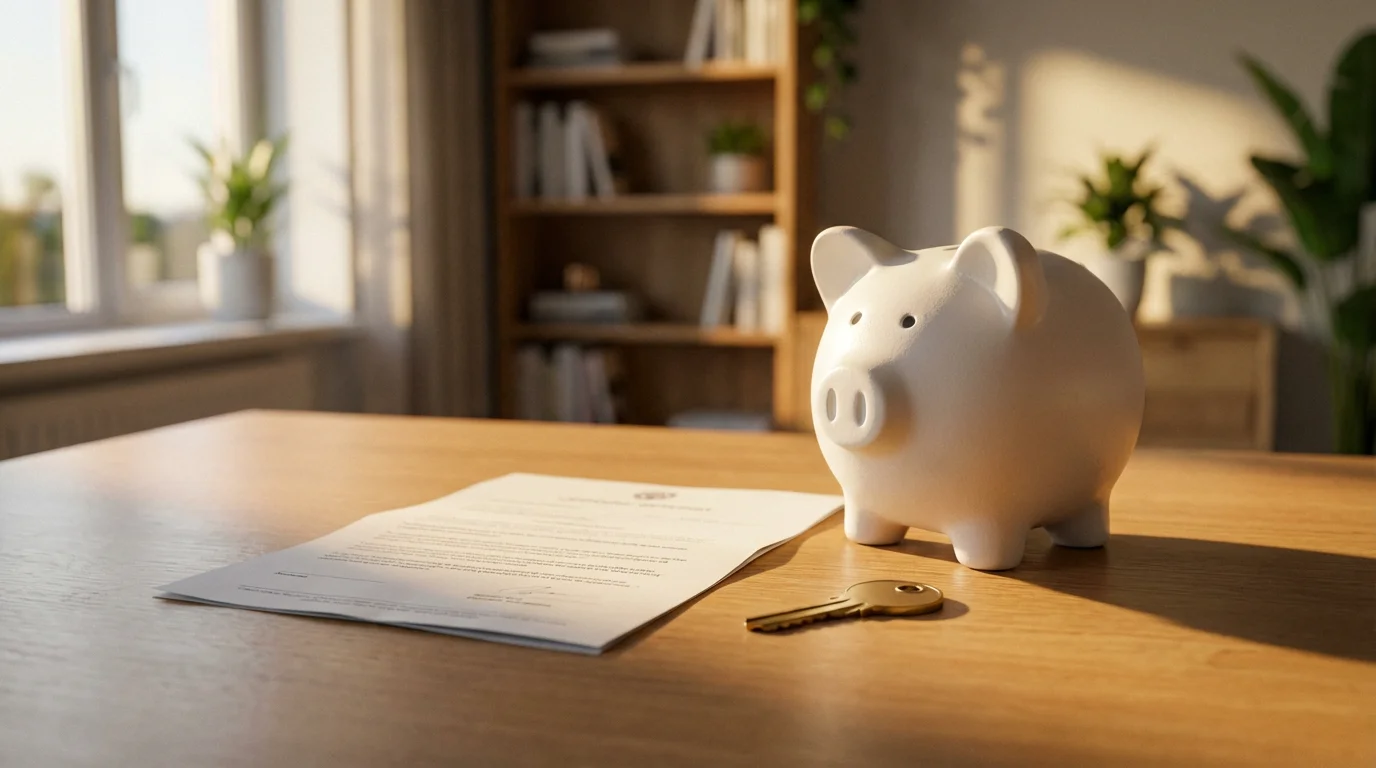 A piggy bank, house key, and insurance document on a desk during golden hour.