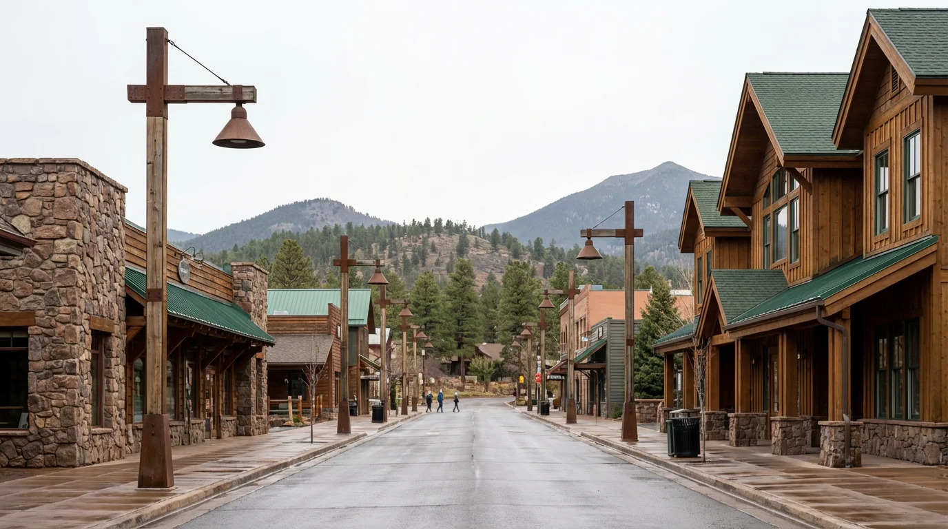 A quiet main street in a mountain town with special dark-sky friendly streetlights.