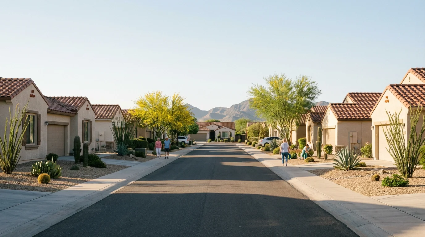 A quiet residential street in an Arizona retirement community with desert landscaping at sunrise.