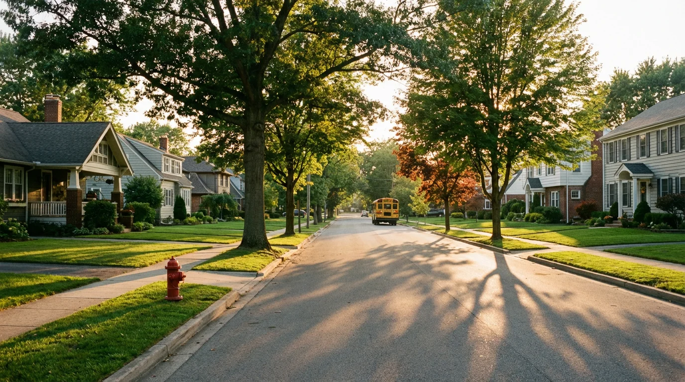 A quiet suburban street at sunset with a fire hydrant, symbolizing community property taxes.
