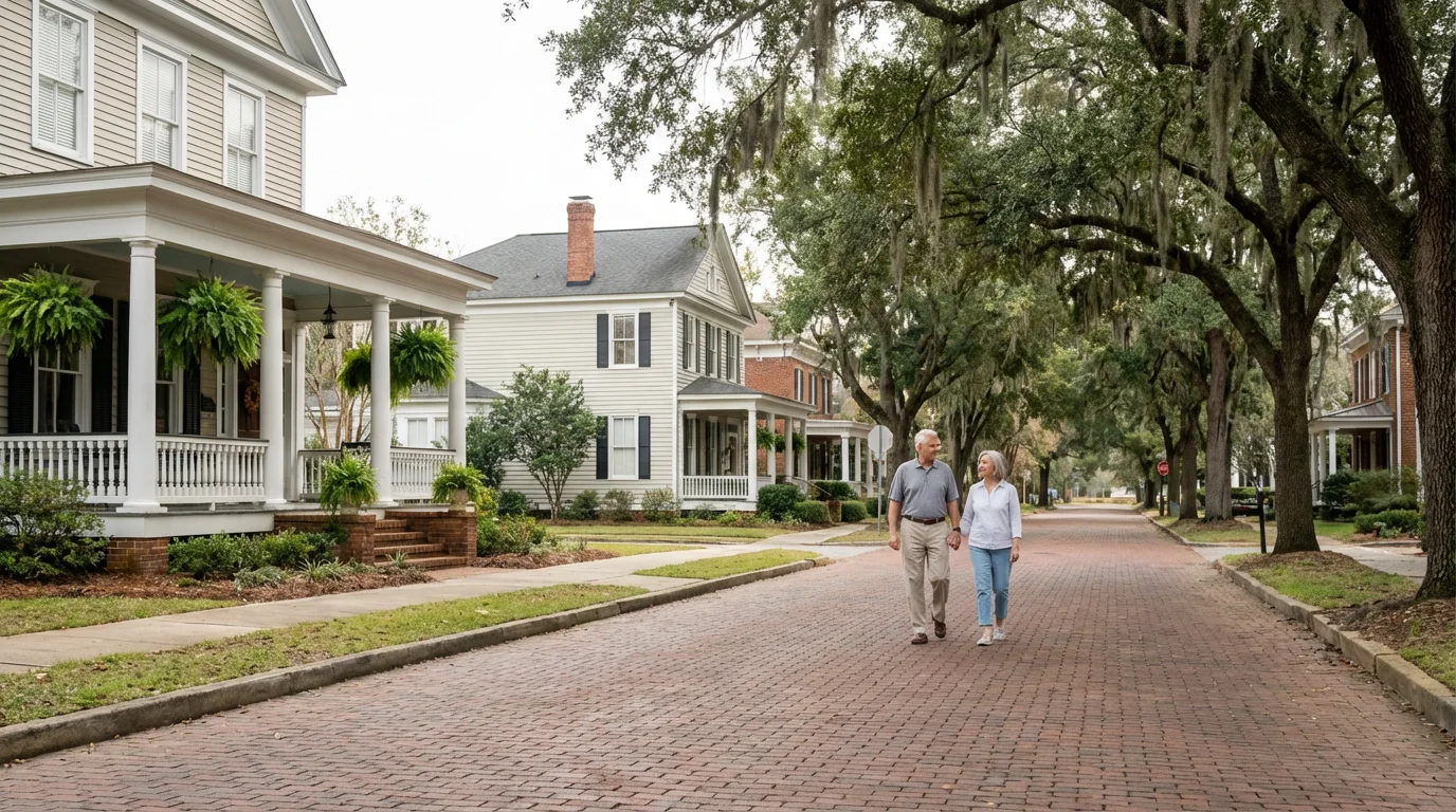 A quiet, tree-lined street with historic homes in a charming Georgia retirement town.