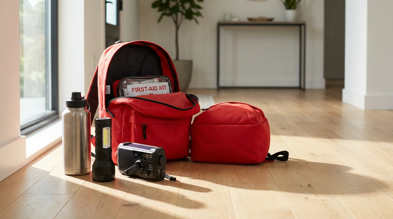 A red emergency go-bag with survival supplies on a floor in bright window light.