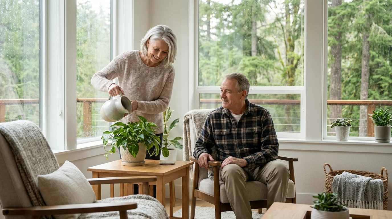 A relaxed retired couple in their bright, modern living room with large scenic windows.