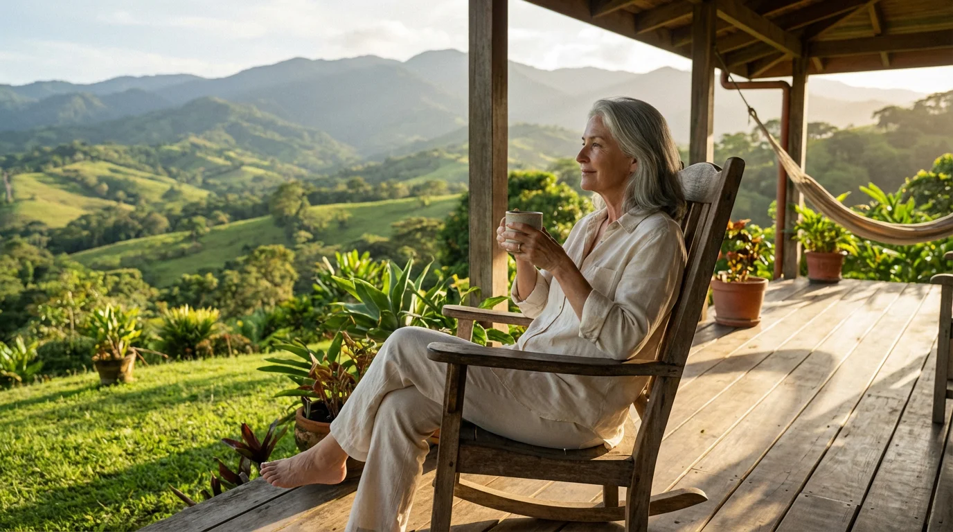 A relaxed retired woman on a porch enjoying the view of a tropical valley.