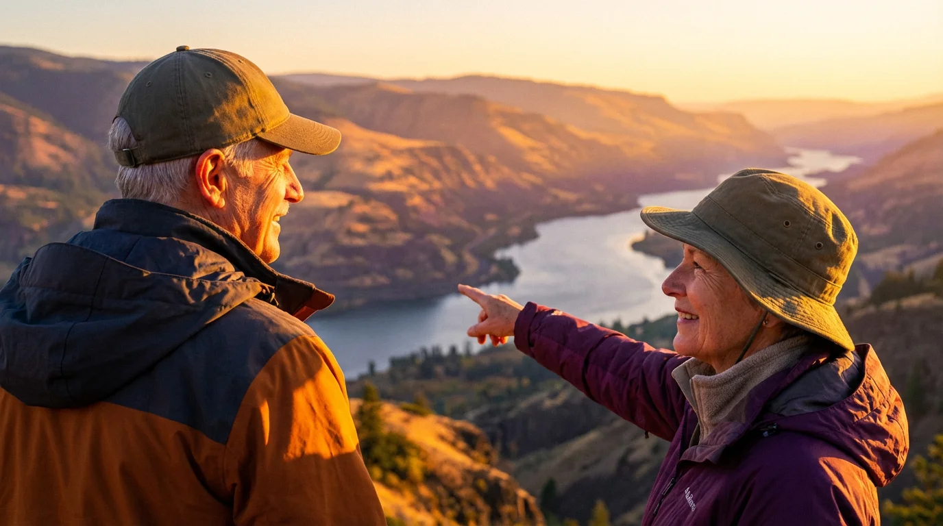 A retired couple enjoying a beautiful golden hour sunset over an Oregon vista.