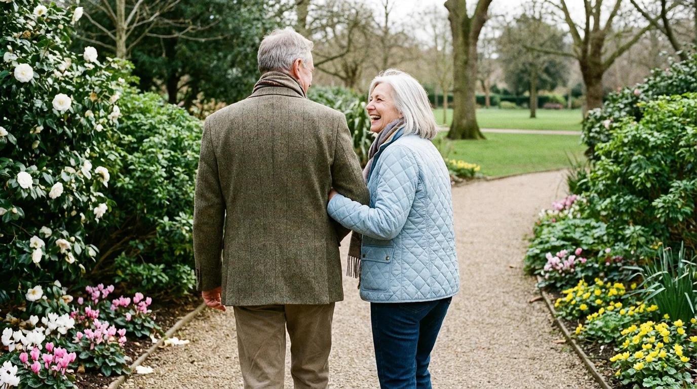 A retired couple enjoying a pleasant walk through a lush garden in mild weather.