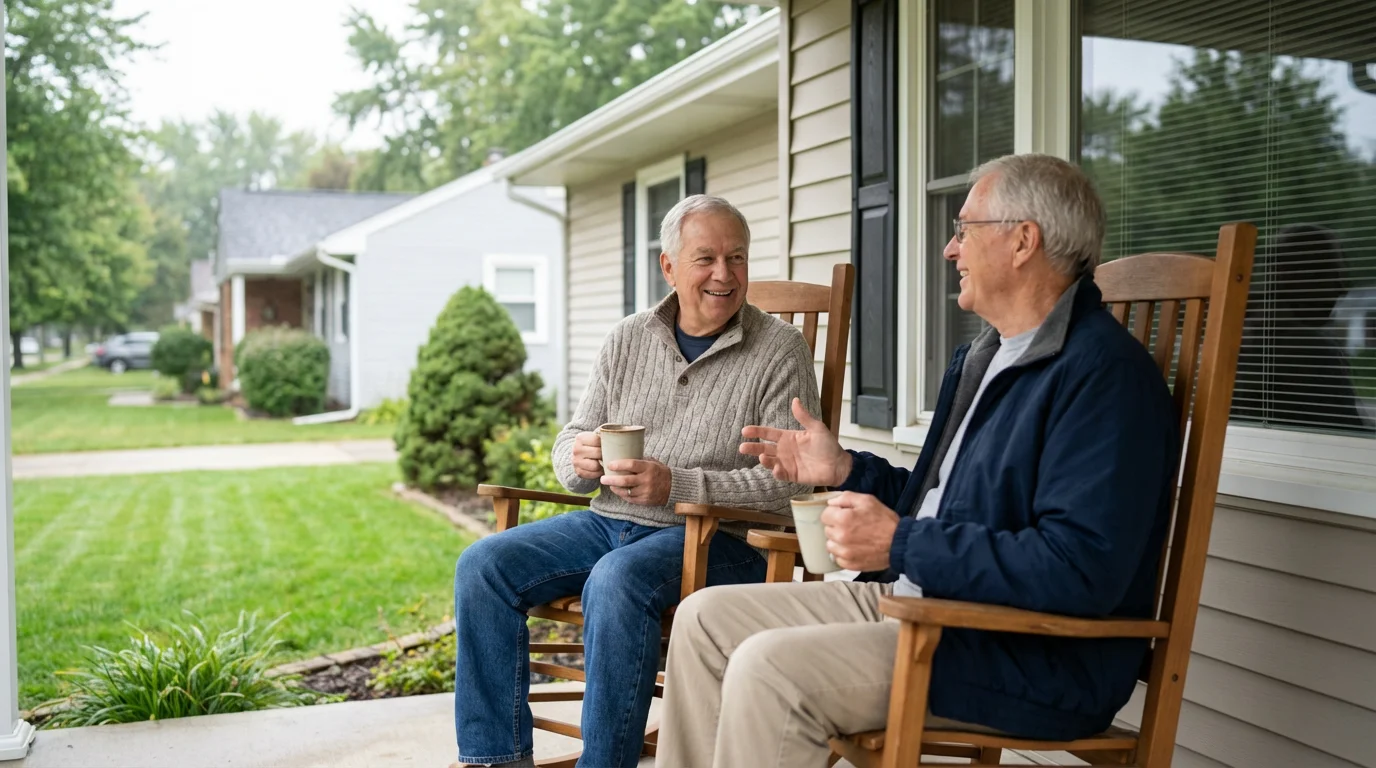 A retired couple enjoying coffee on the front porch of their modest suburban home.