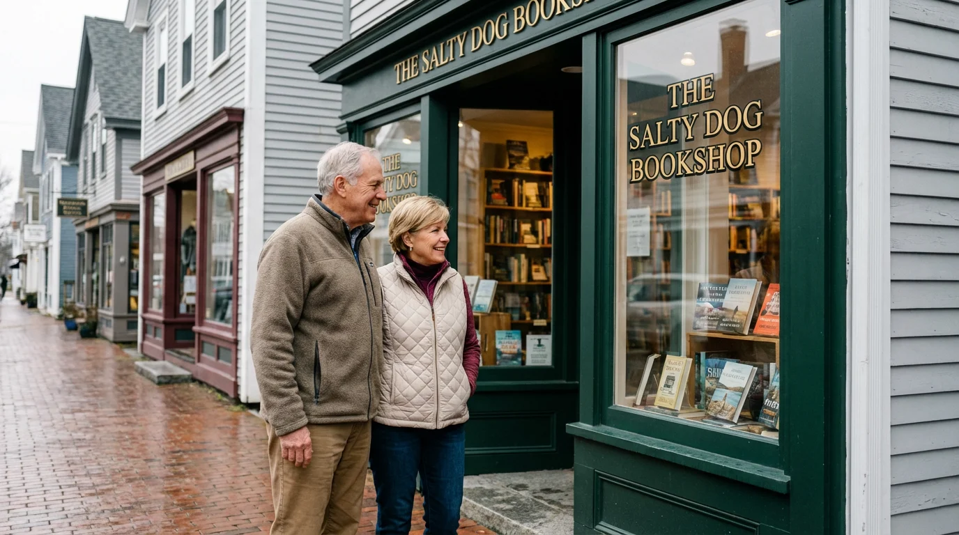 A retired couple enjoys window shopping along the main street of a quaint Maine town.