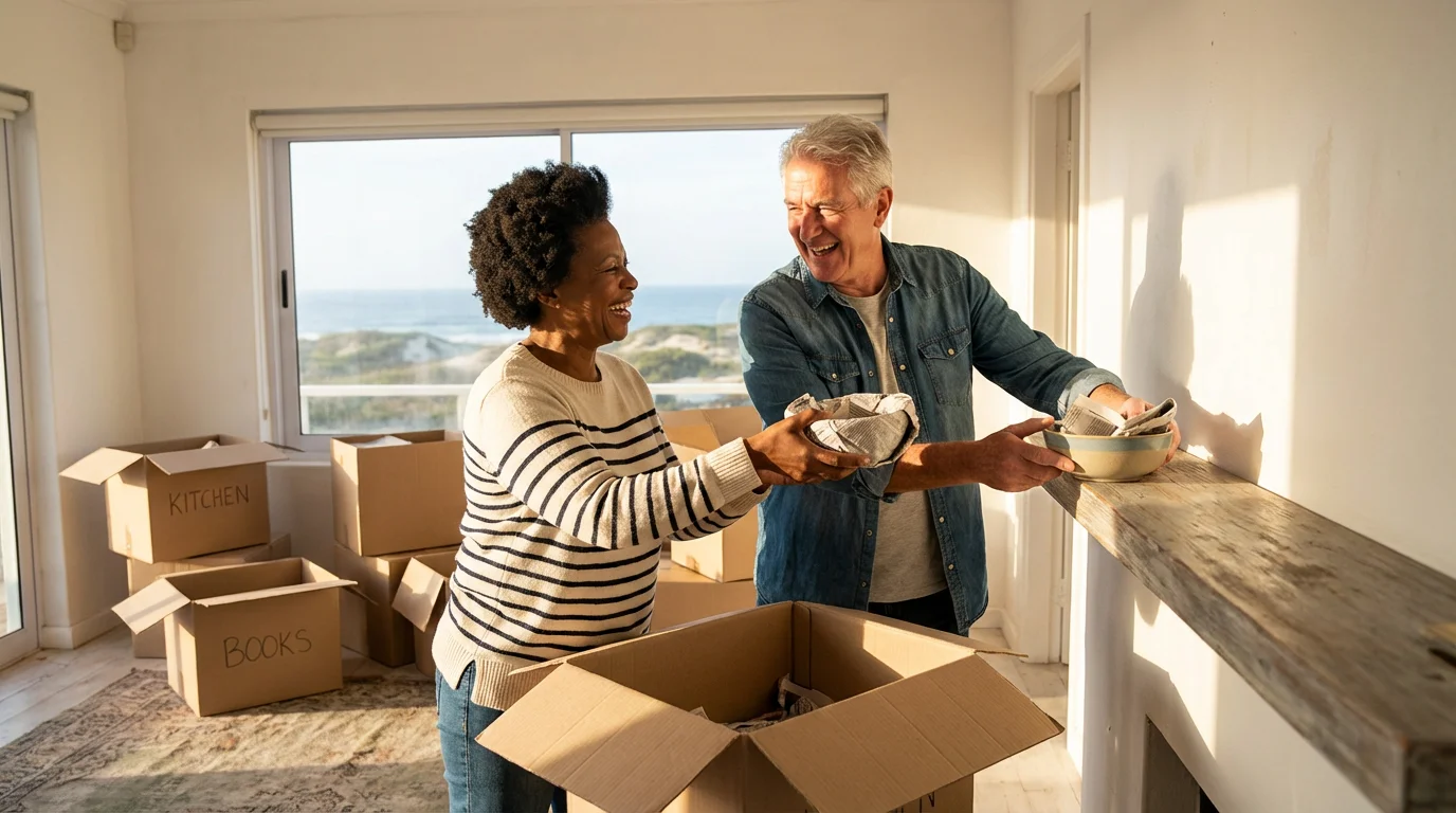 A retired couple joyfully unpacks moving boxes in their sunlit, new coastal home.