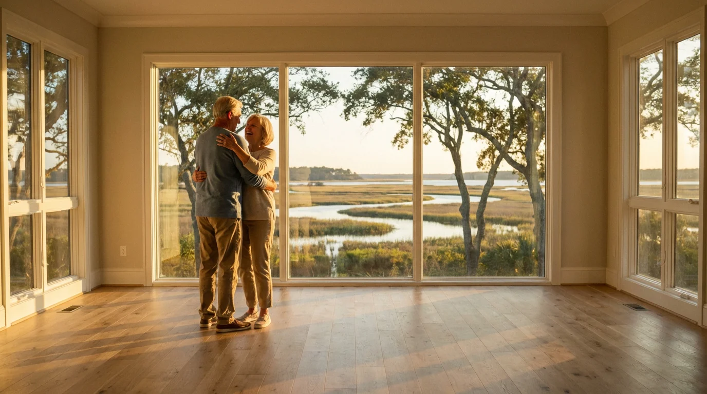 A retired couple looks out the window of their new coastal home in South Carolina.