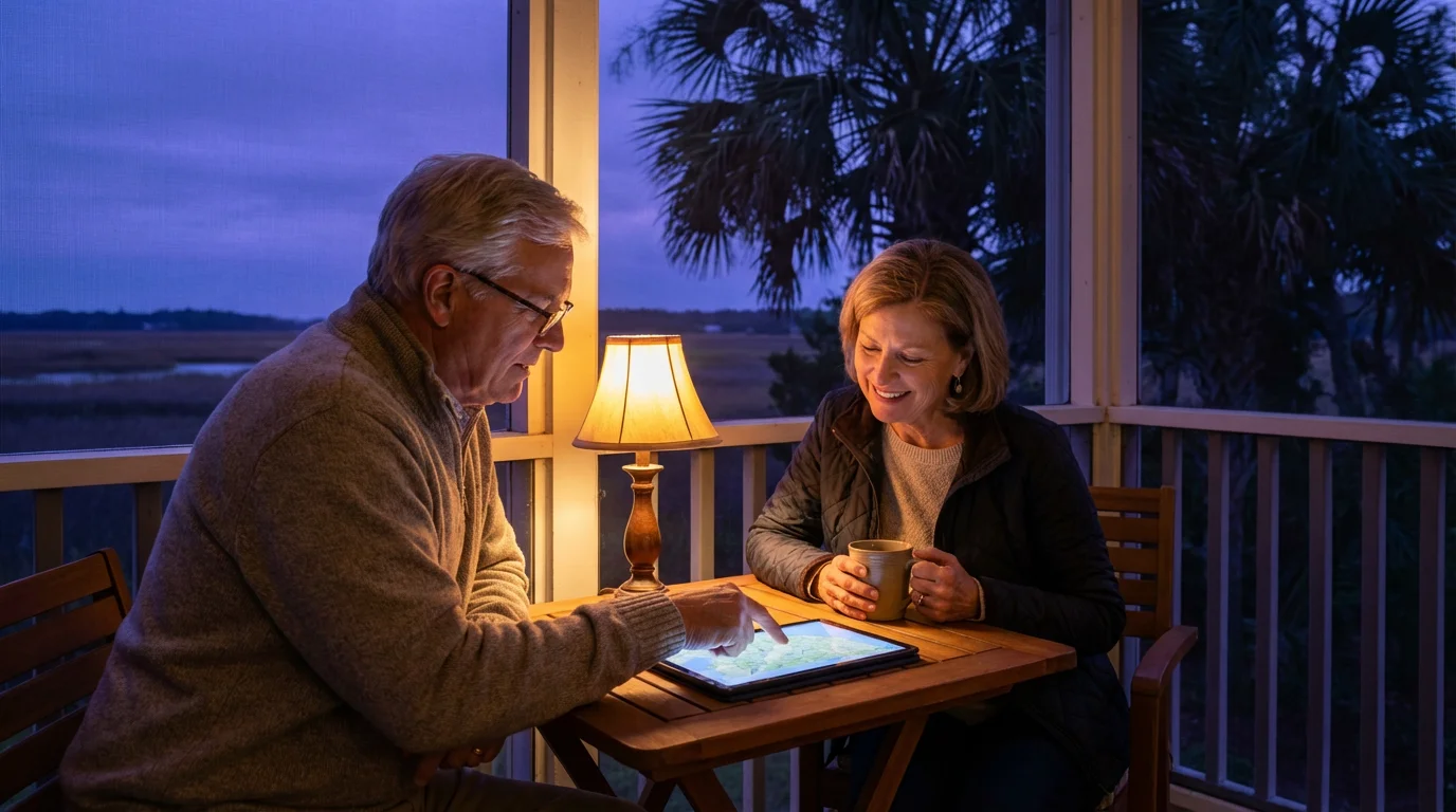 A retired couple on a porch at dusk planning their relocation on a tablet.