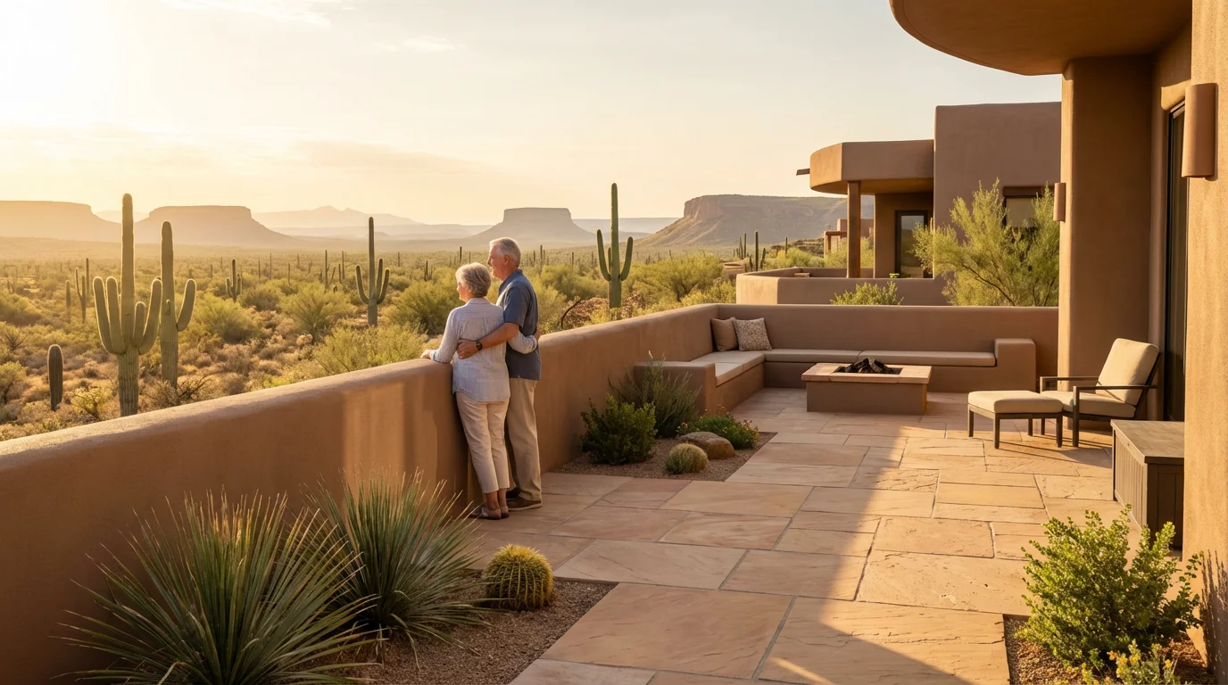A retired couple on their patio enjoying the view of the Arizona desert at sunrise.