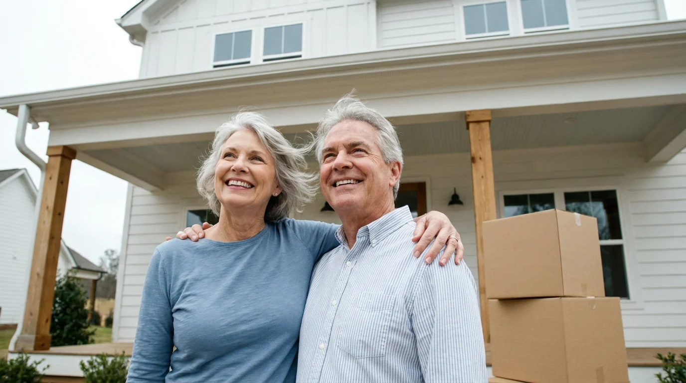 A retired couple stands on the porch of their new Georgia home with moving boxes.
