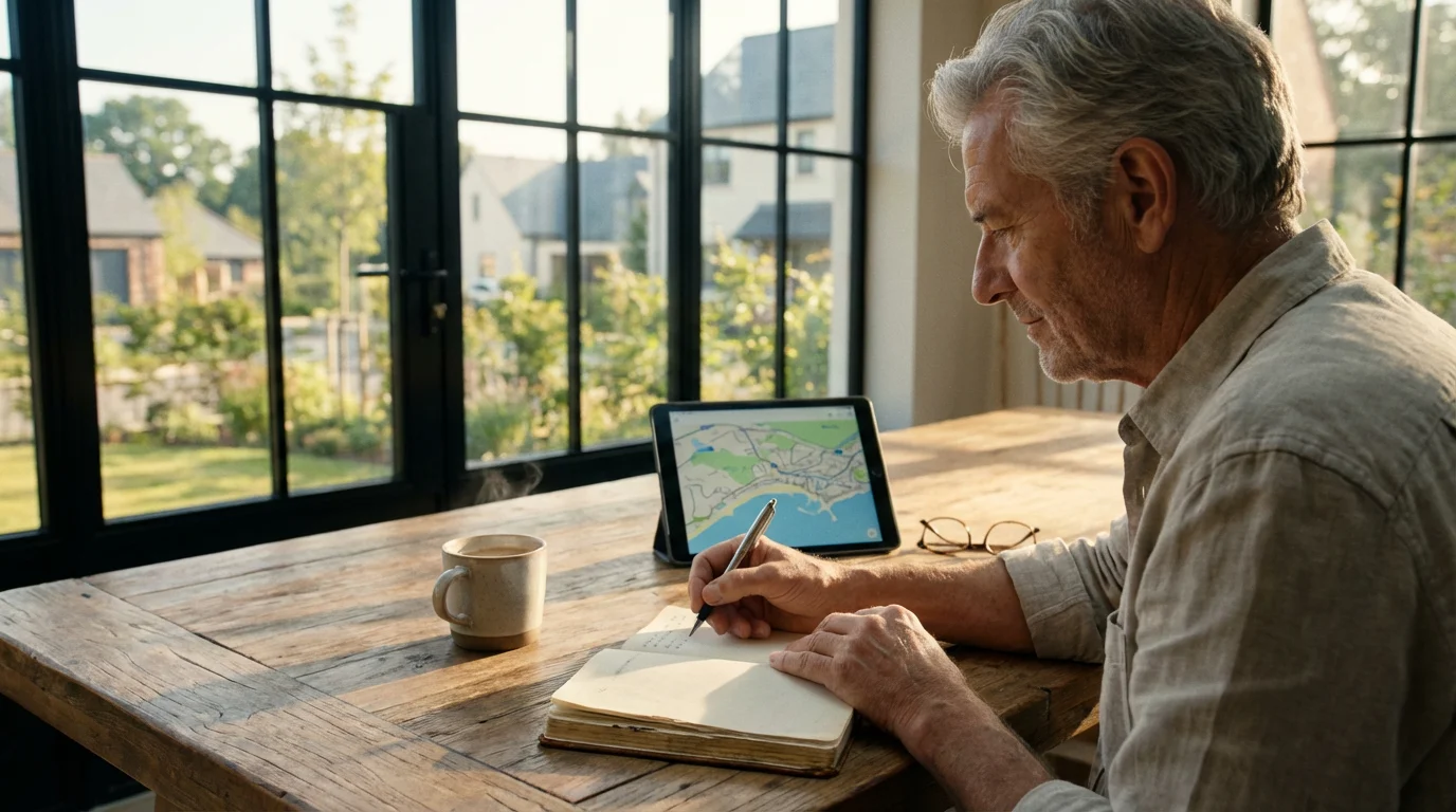A retired man sits at a sunny table planning new hobbies in his notebook.