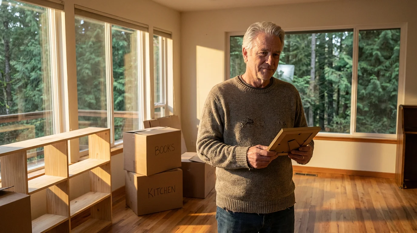 A retired man unpacking boxes in his new Oregon home on a sunny afternoon.