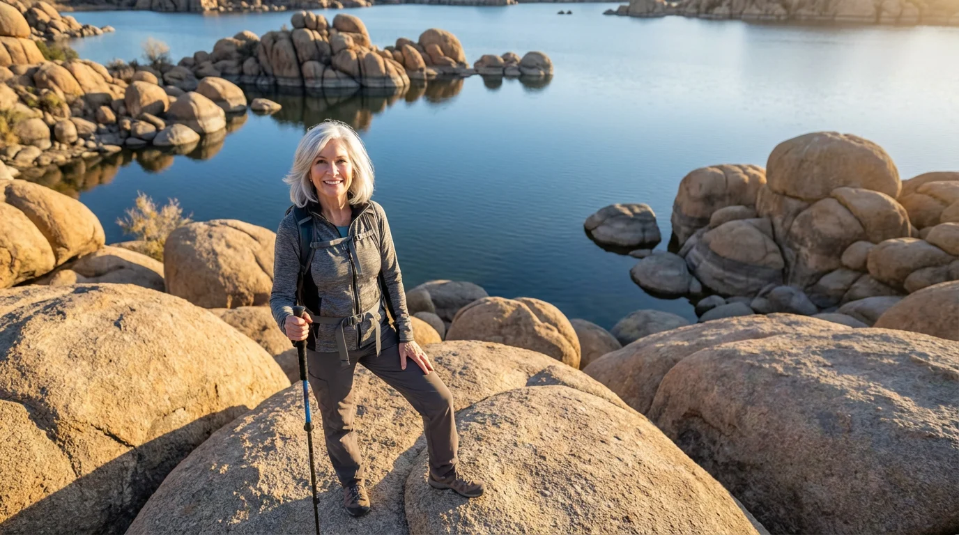 A retired woman enjoying a beautiful morning hike at the Granite Dells in Prescott, Arizona.