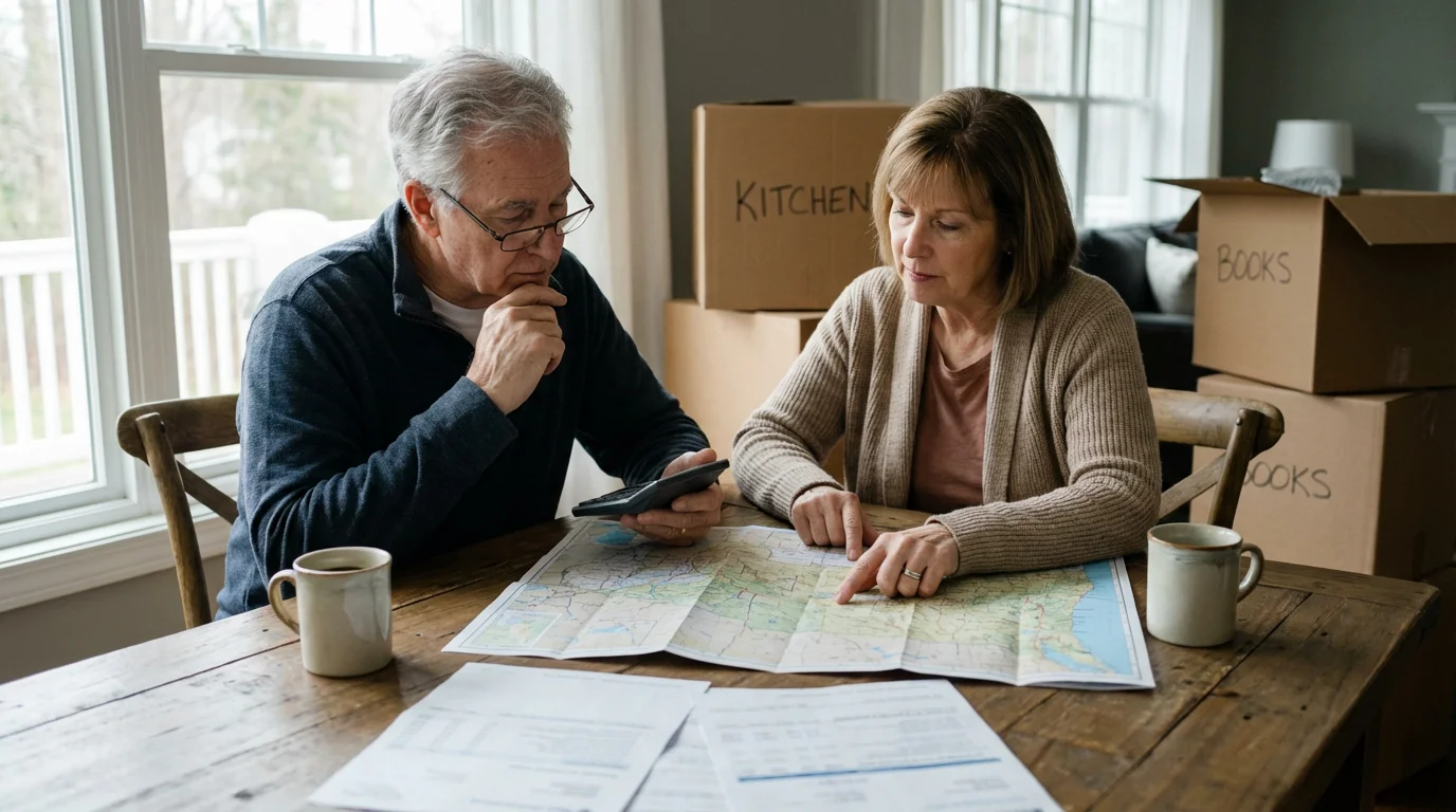 A senior couple at a dining table planning their move with a map and calculator.