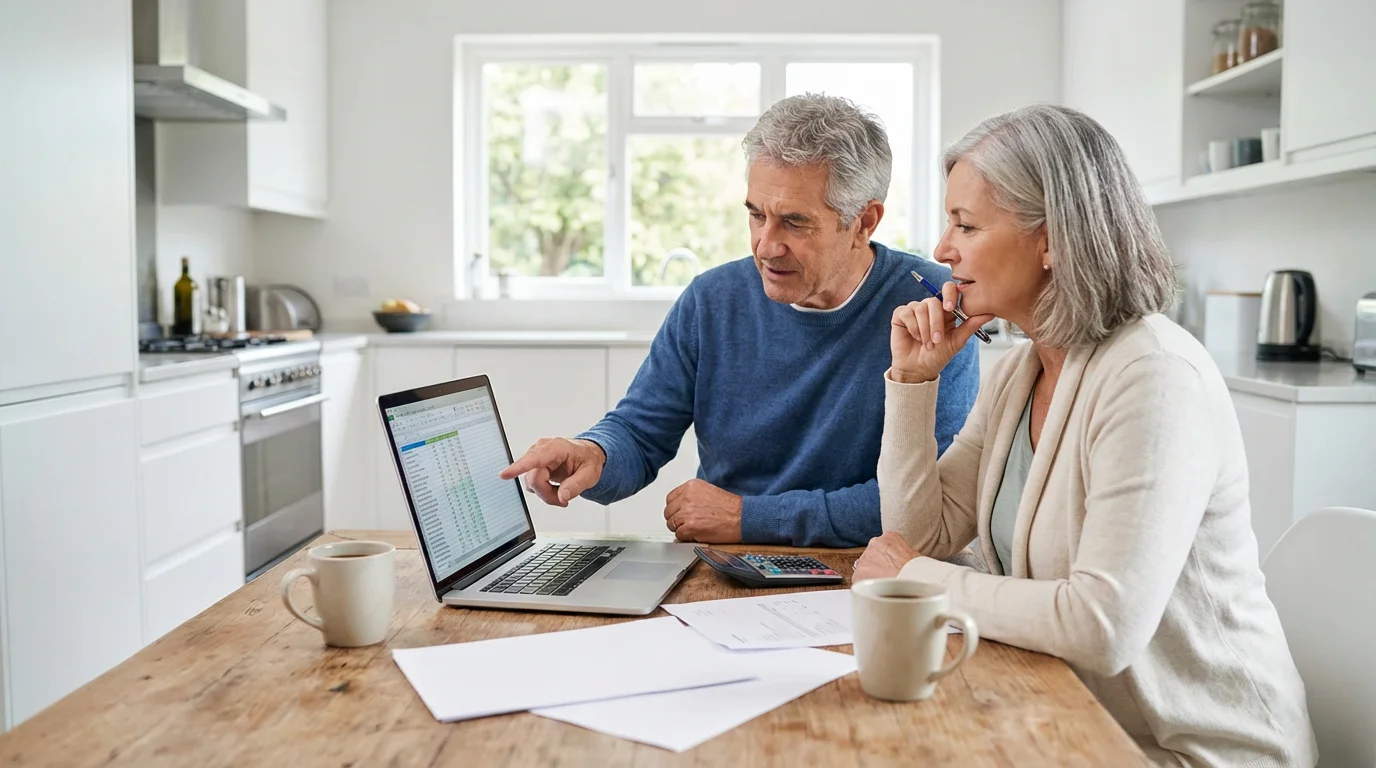 A senior couple at a kitchen table with a laptop and papers planning finances.