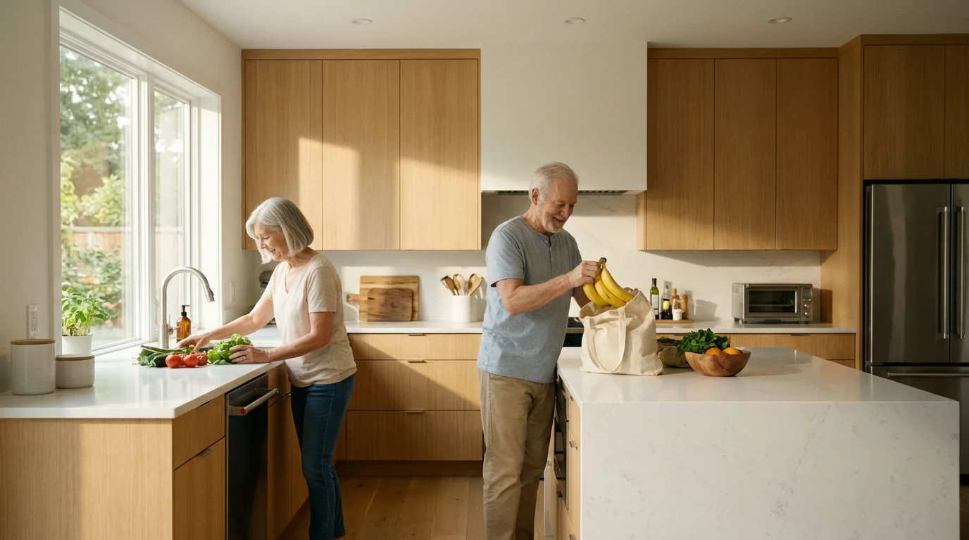 A senior couple cheerfully unpacking fresh groceries together in their bright, sunlit modern kitchen.
