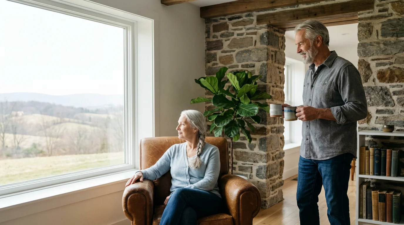 A senior couple enjoying coffee in the sunlit living room of their Pennsylvania home.