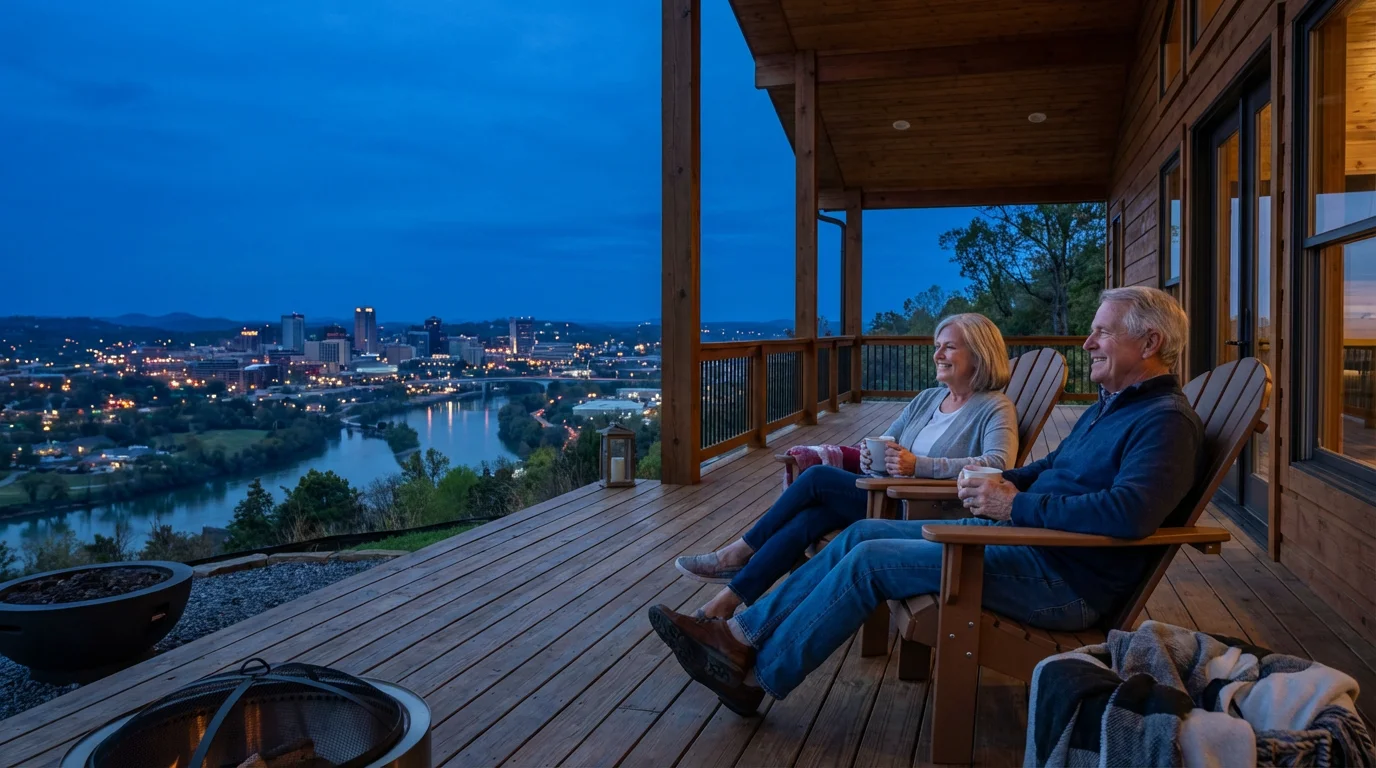 A senior couple enjoying the view of a Tennessee city from their mountain home porch at twilight.