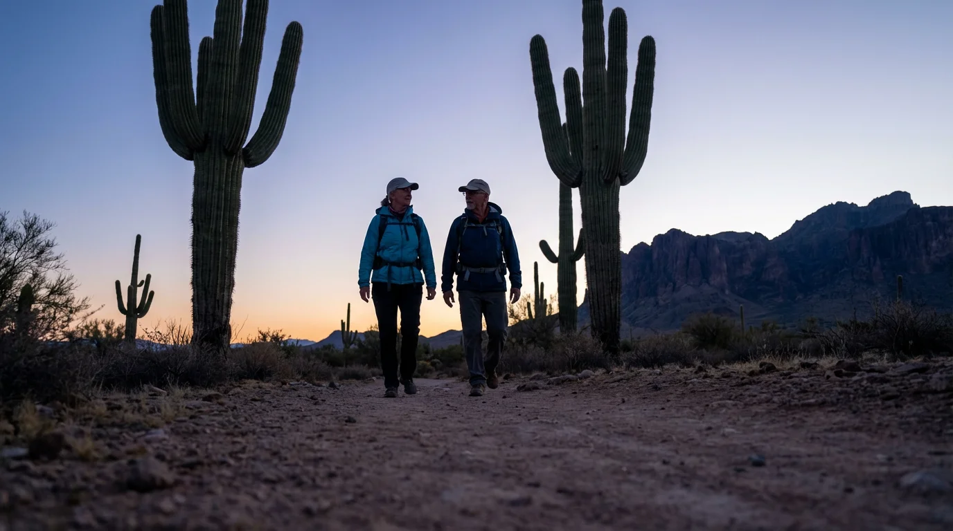 A senior couple enjoys a hike on a desert trail during the blue hour.