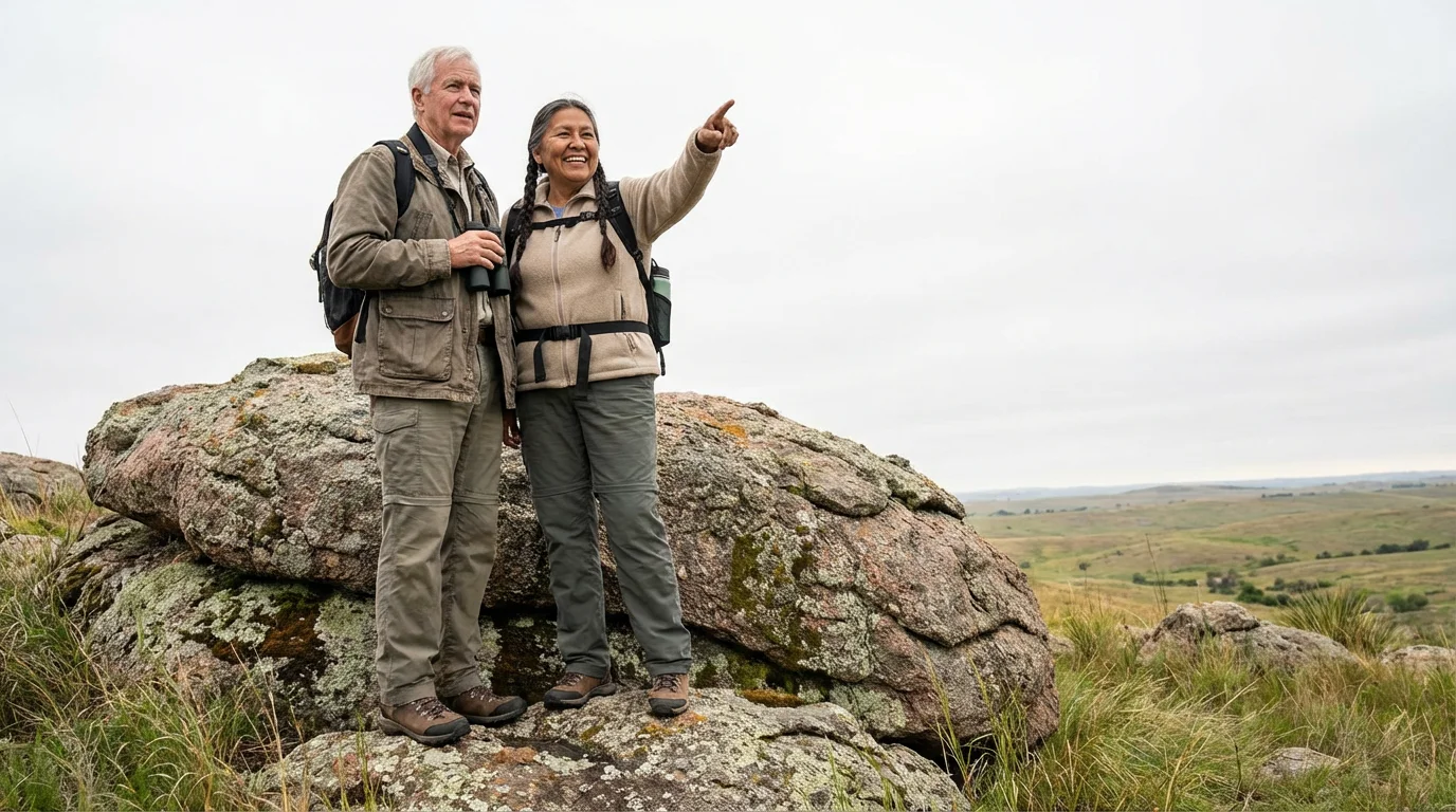 A senior couple enjoys an active day birdwatching in the Oklahoma mountains.