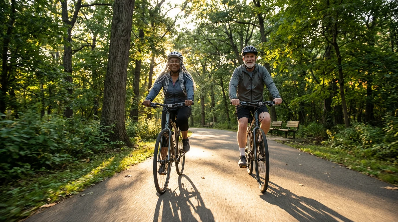 A senior couple enjoys an afternoon bike ride on a tree-lined park trail.