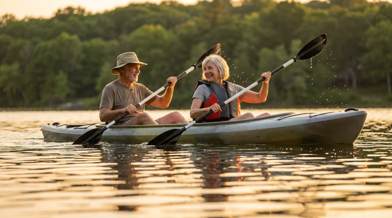 A senior couple enjoys kayaking on a calm lake during a warm golden hour sunset.