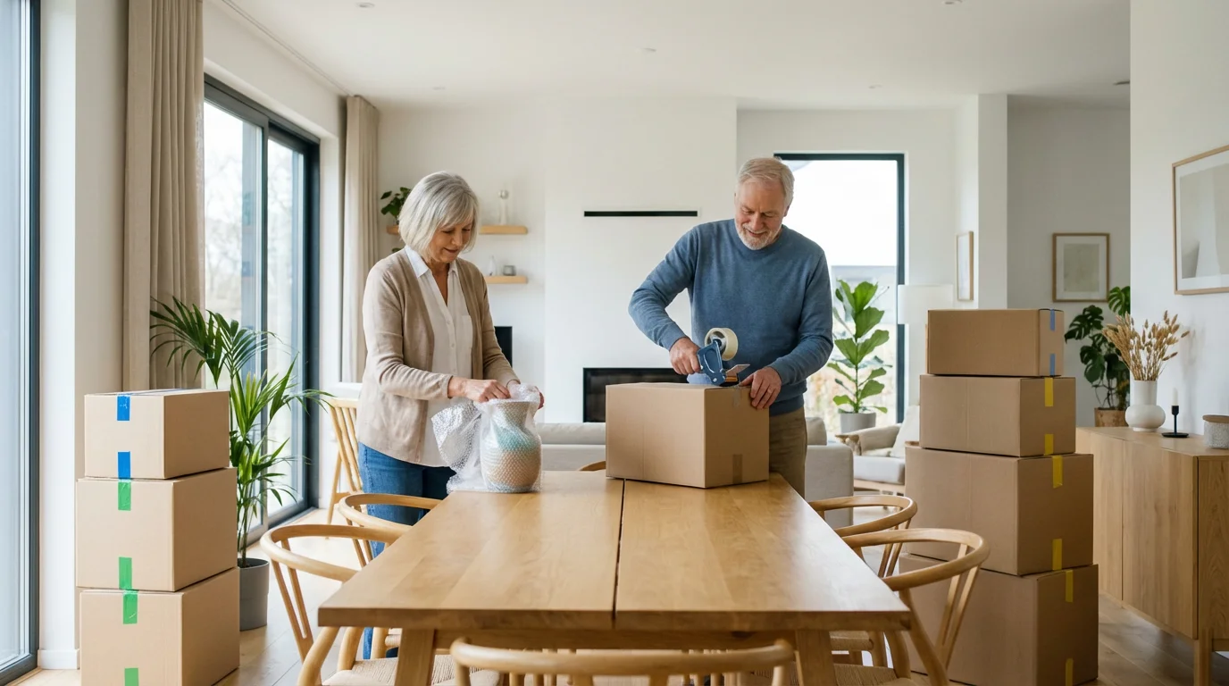 A senior couple happily packing labeled moving boxes together in a bright dining room.
