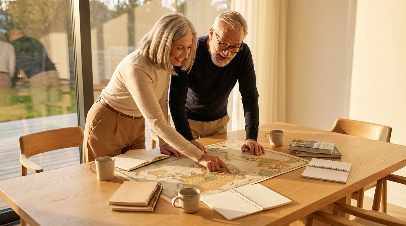 A senior couple happily plans an international trip with a world map during golden hour.