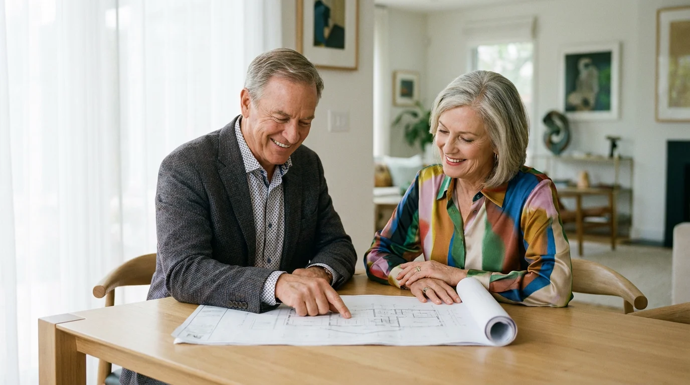 A senior couple happily reviews architectural blueprints for a smaller home at a table.