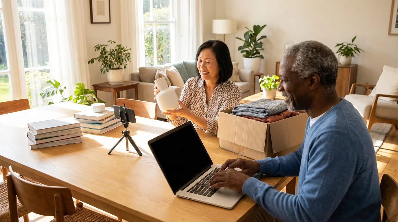 A senior couple in a bright living room organizing items to sell online.