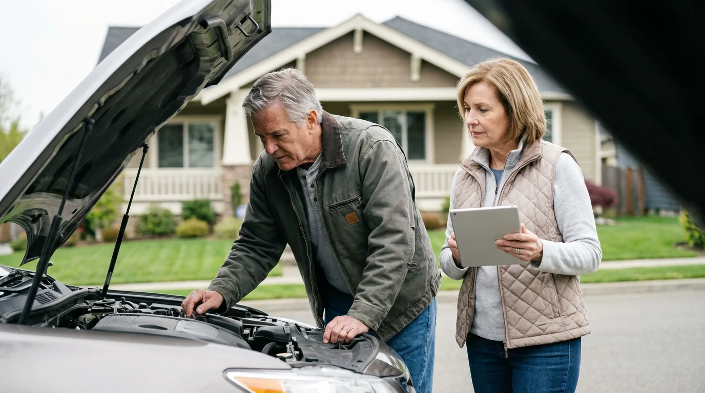 A senior couple inspects the engine of their car in their home driveway.