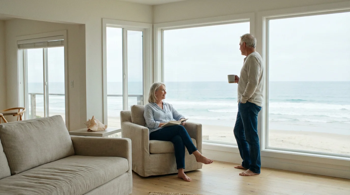 A senior couple peacefully enjoying the ocean view from their modern, sunlit coastal living room.