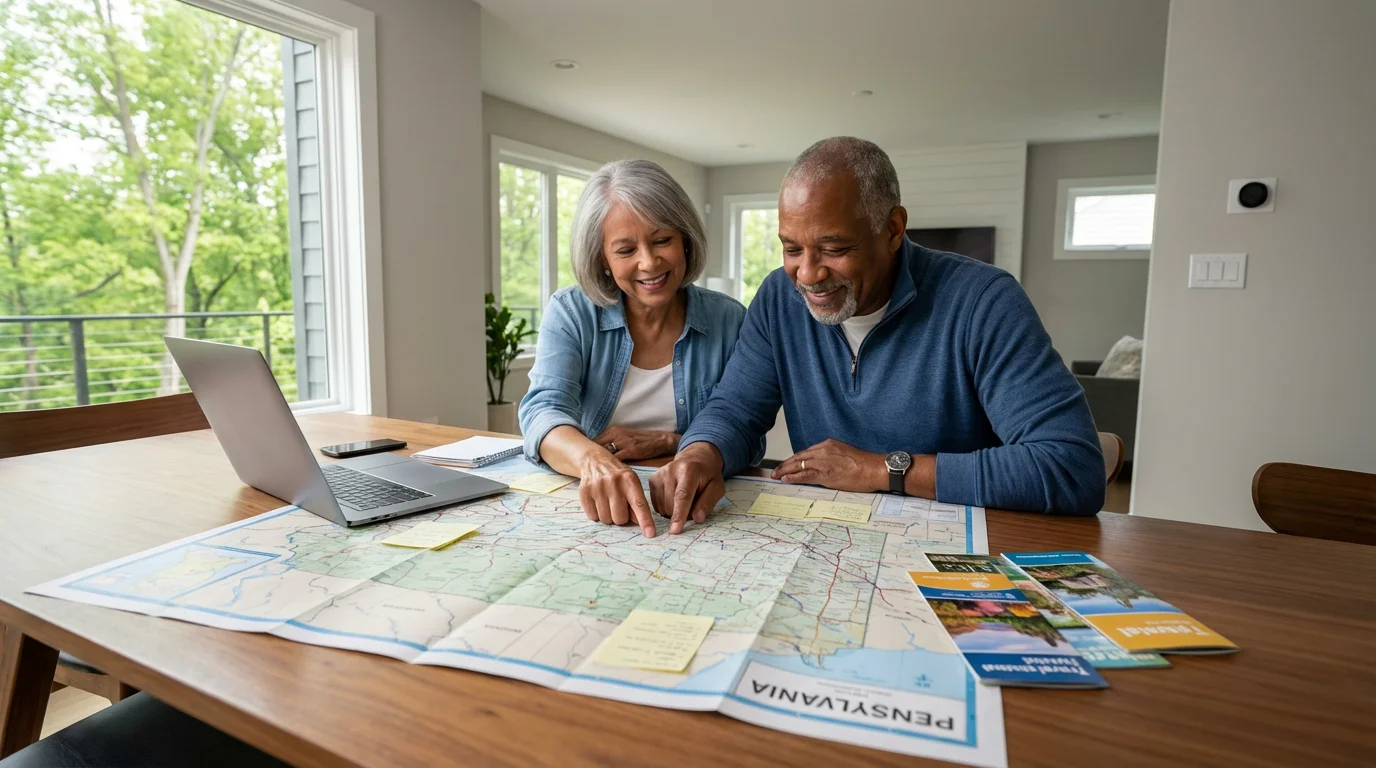 A senior couple planning their move to Pennsylvania with a map and laptop.