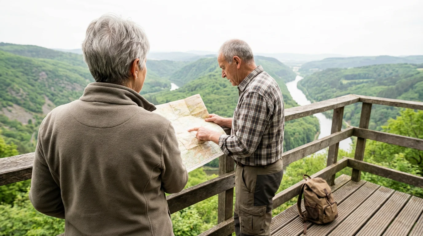 A senior couple plans their route on a map at a scenic valley overlook.